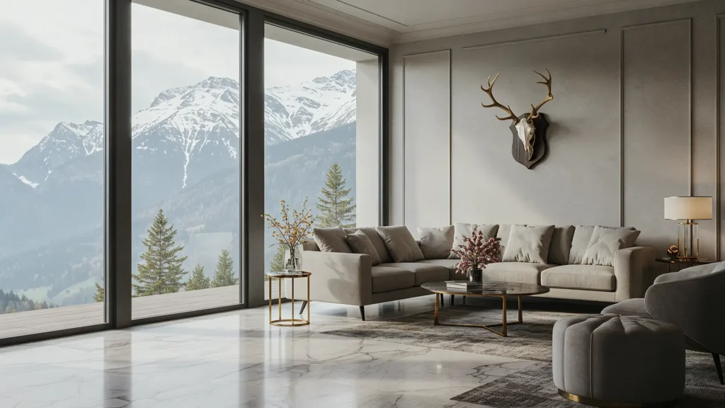 Modernes, sauberes Wohnzimmer mit Sofa und Bergblick in Tirol